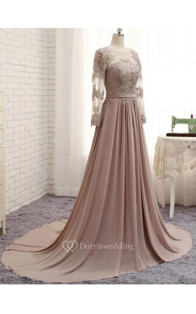 A-line Scoop Neck Long Sleeved Appliqued Chiffon Dress view 3