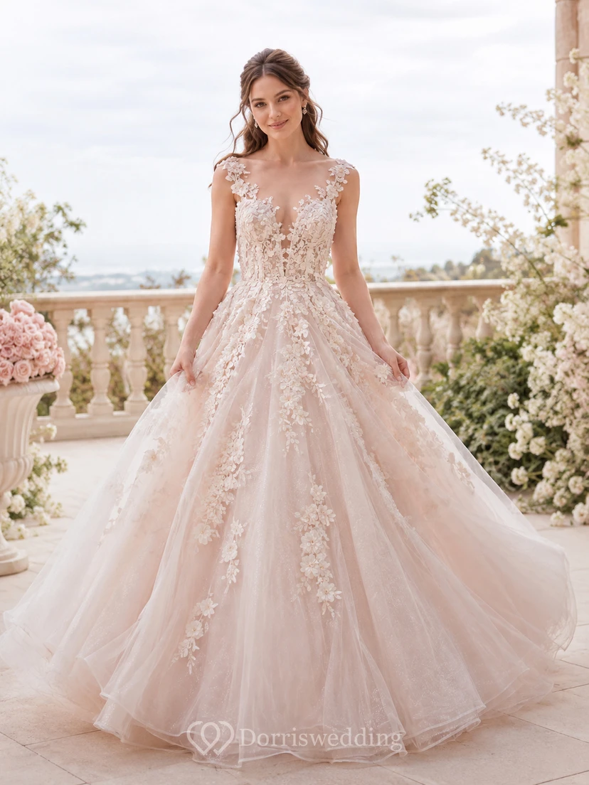 Robe de bal romantique en dentelle florale rose poudré à bretelles en V et décolleté en V