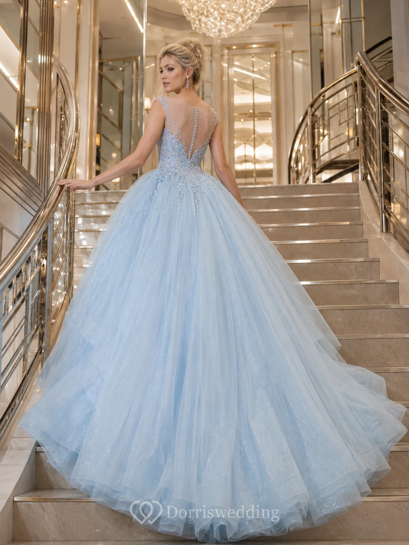 Sky Blue Hotel Staircase V Neck Strap Cascading Tulle Quinceanera Princess Ball Gown view 2