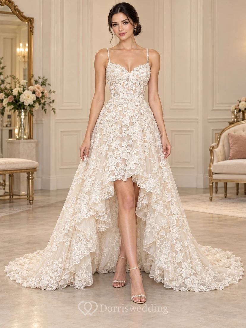 High-low Spaghetti Strap Sweetheart Floral Lace A-line Train Wedding Dress
