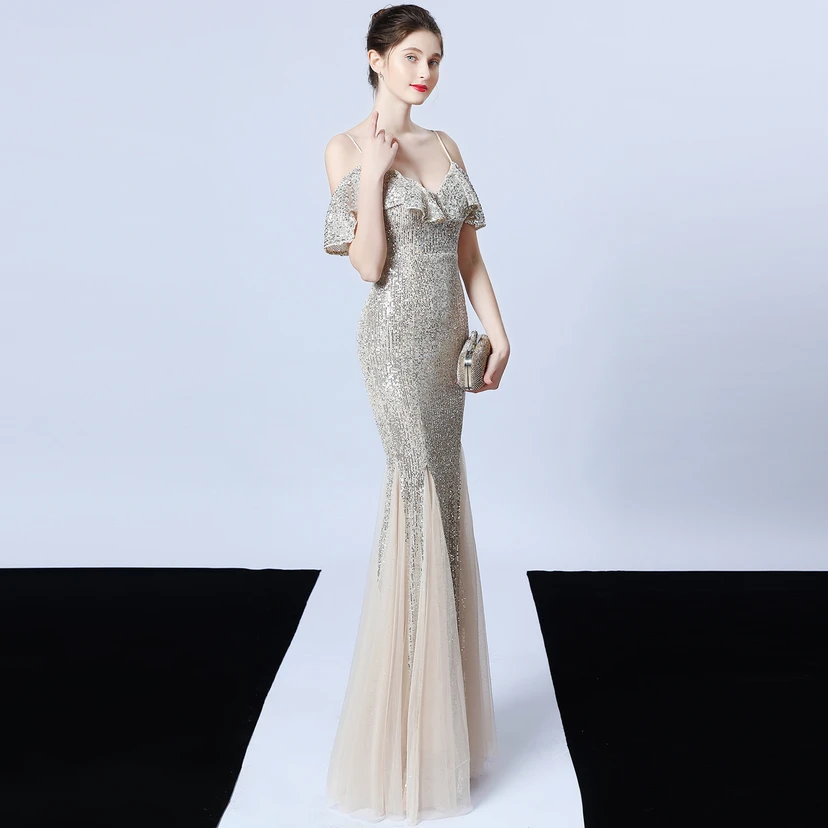 Robe de soirée élégante à franges et sequins en fil de polyester, style sirène, idéale pour un banquet ou une occasion spéciale automne. view 14