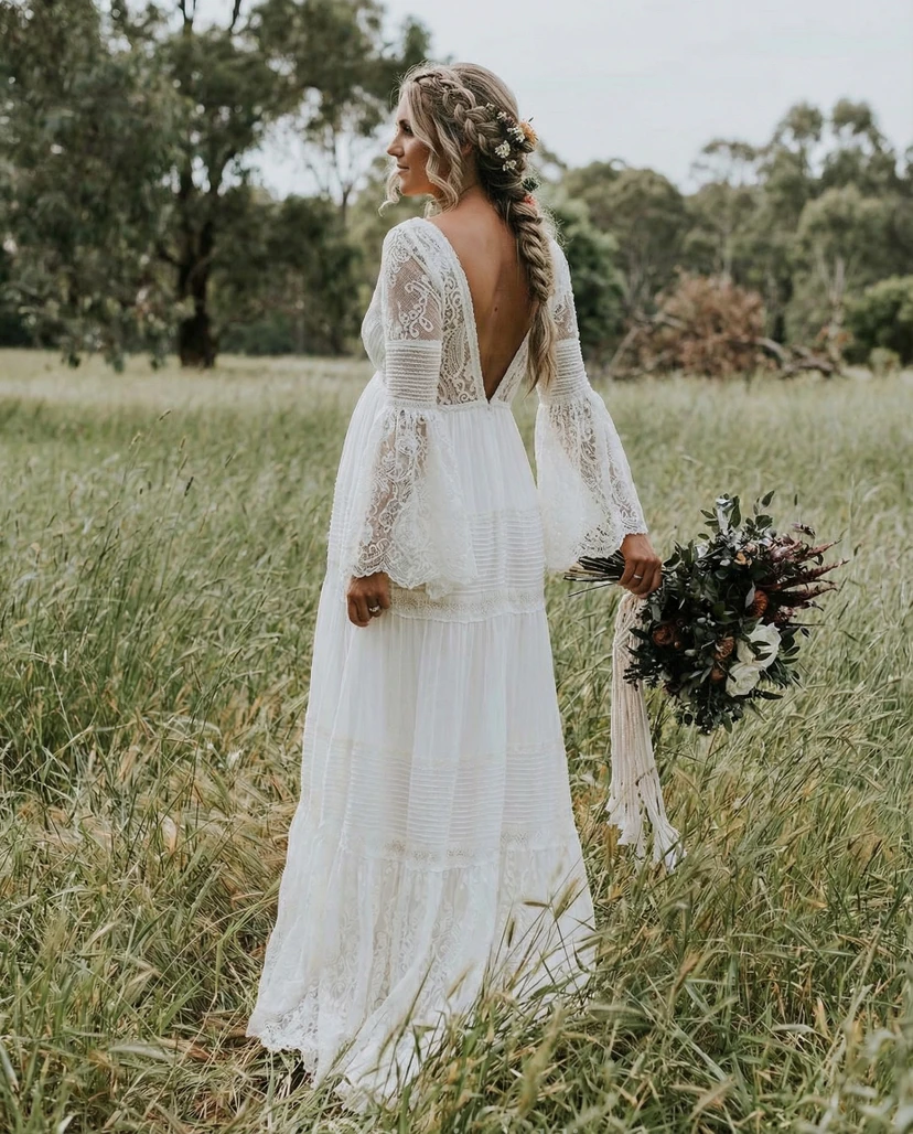 Boho Bell Sleeve Maternity Wedding Dress with Deep V-Neck and Tiered Lace Skirt view 2