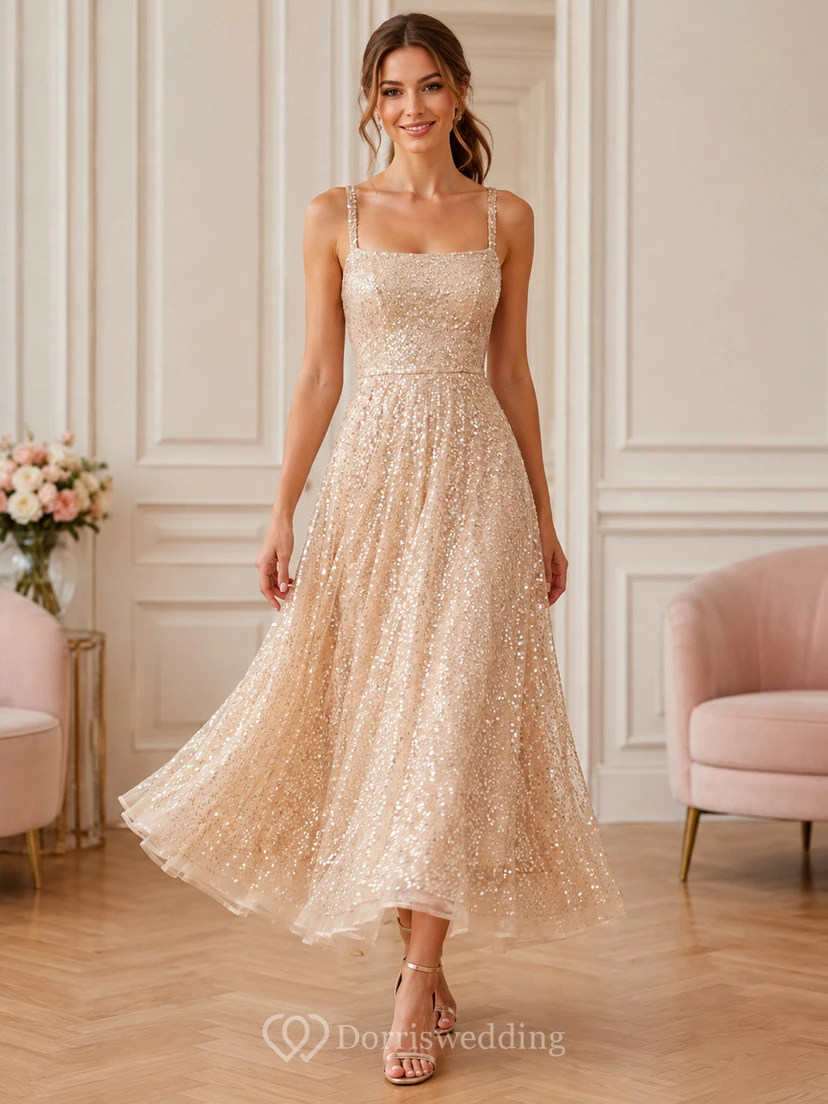 Robe de soirée élégante champagne à sequins, coupe trapèze, longueur thé, bretelles spaghetti carrées