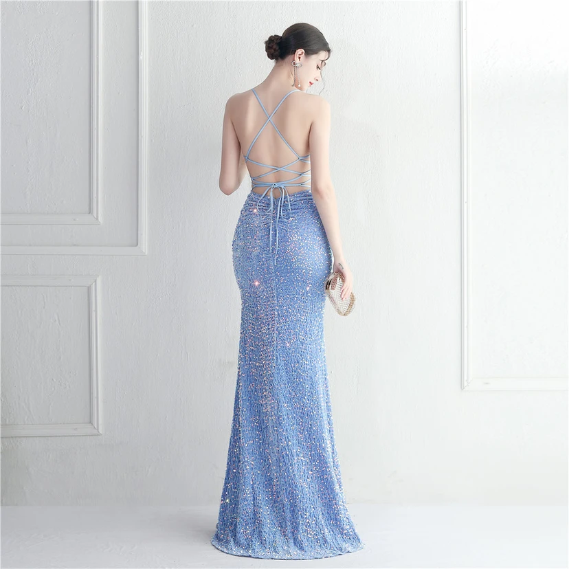 Vestido largo de noche con cola de pez, estilo europeo y americano, con lentejuelas y parte inferior de terciopelo. view 17