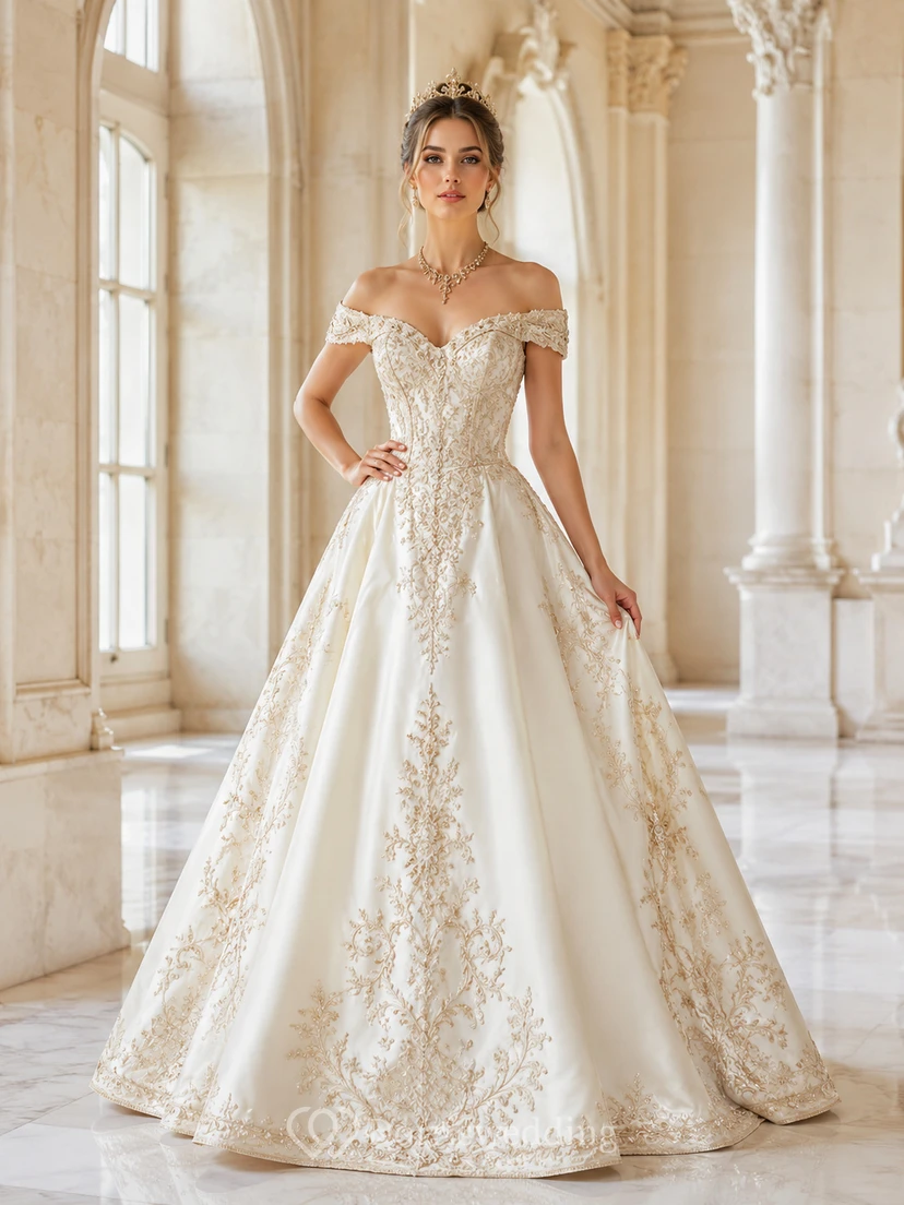 Champagnerfarbenes, schulterfreies, goldbesticktes Satin-Ballkleid, bodenlang, Hofstaat-Kleid