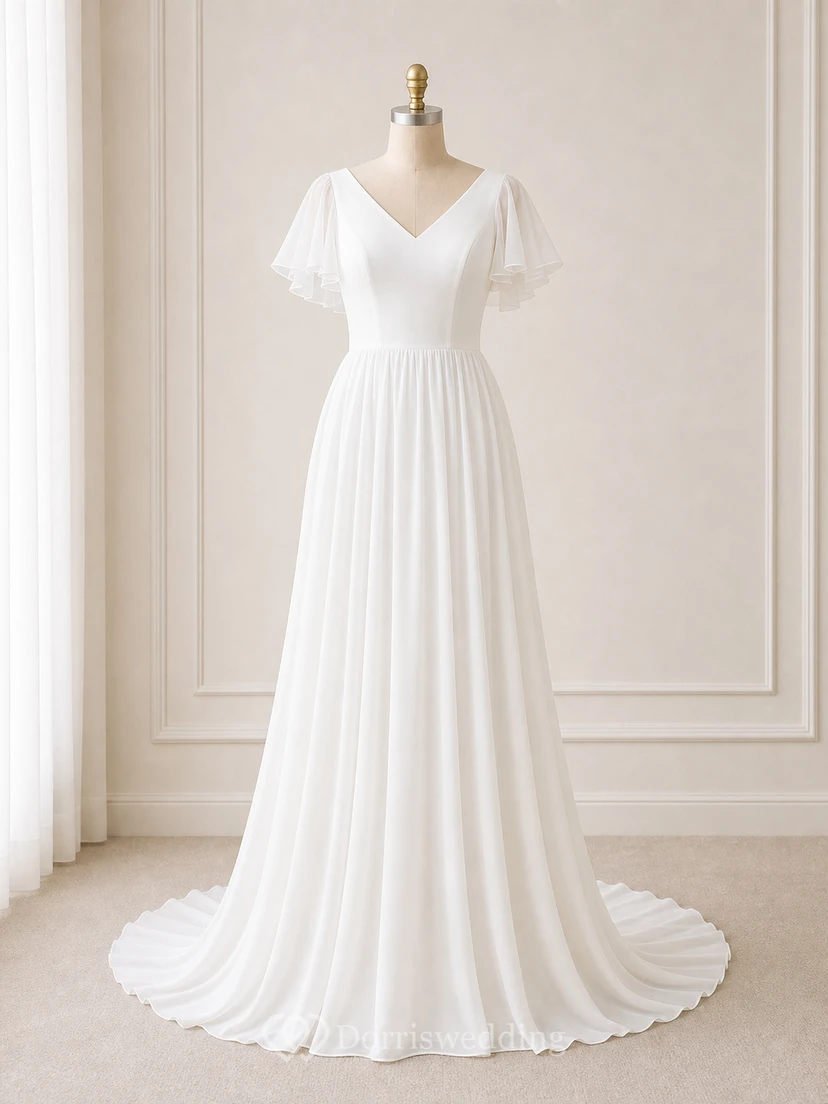 Robe de mariée décontractée en mousseline de soie, coupe trapèze, longueur au sol, traîne brossée, manches courtes et volants, col en V. view 7