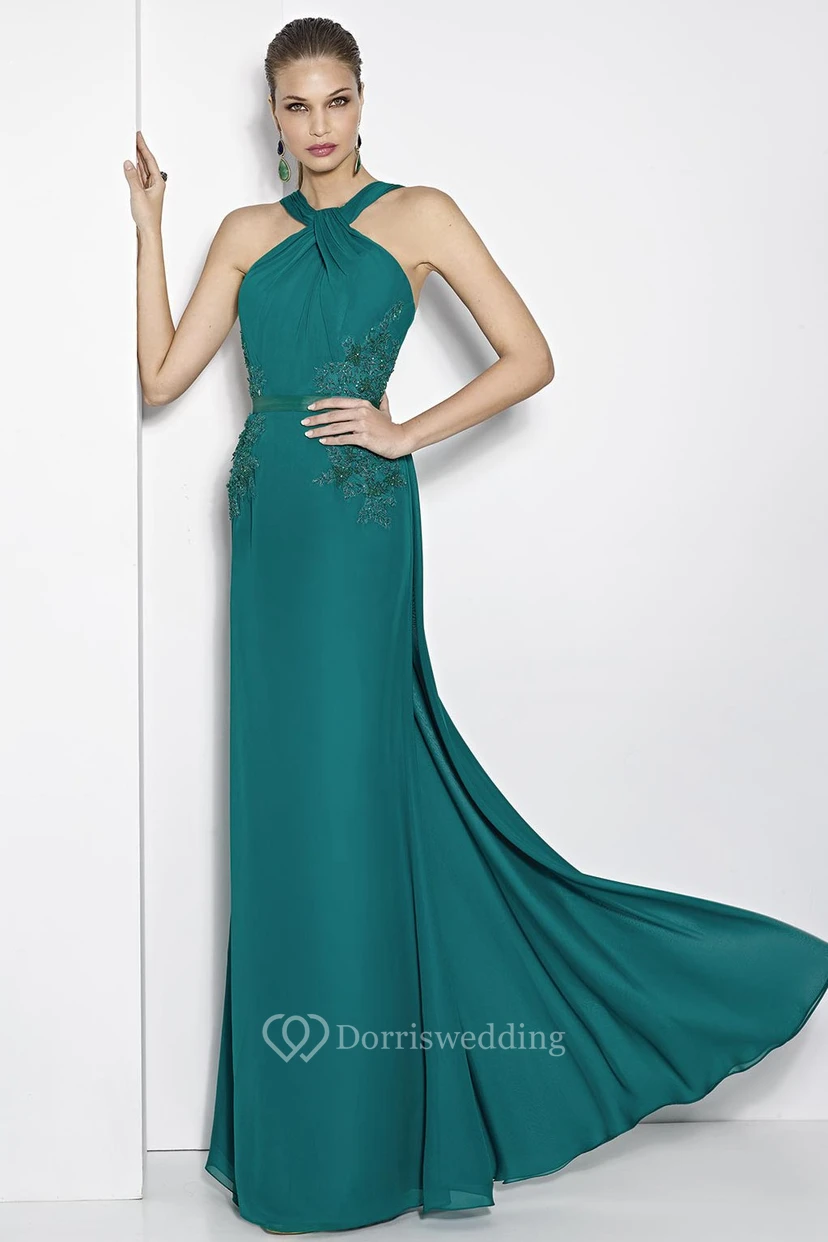 Maxi Halter Sleeveless Appliqued Chiffon Prom Dress