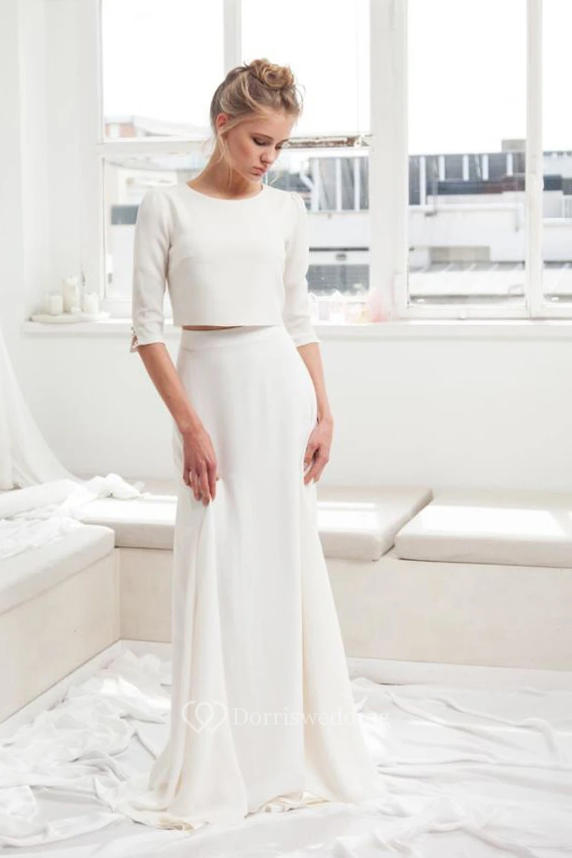 Simple Chiffon Two Piece Bridal Separates Gown With Sweep/Brush Train
