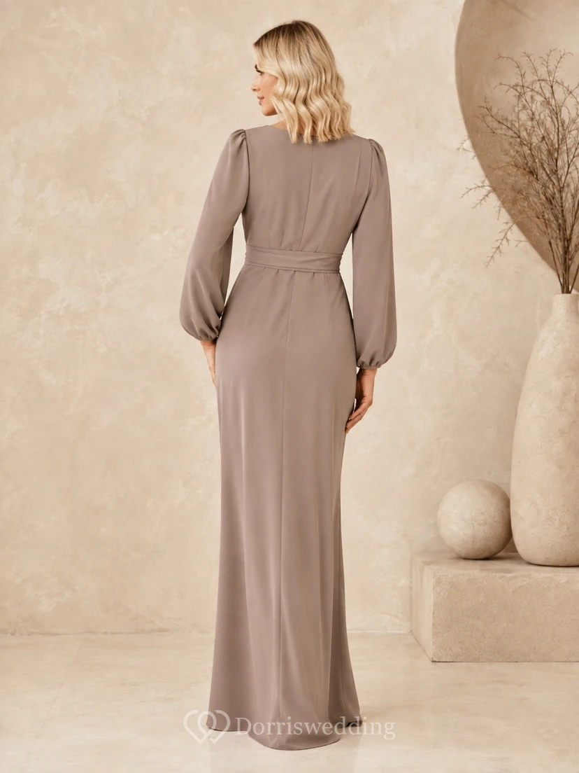 Taupe Jersey Surplice V-Neck Long Sleeve Sheath Floor-length Dress view 2
