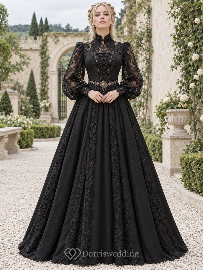 Robe gothique médiévale noire à col montant et manches longues en dentelle corset