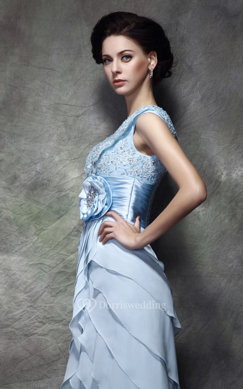Caped-Sleeve Appliqued Floor-Length Dress With Flower and Beading view 2