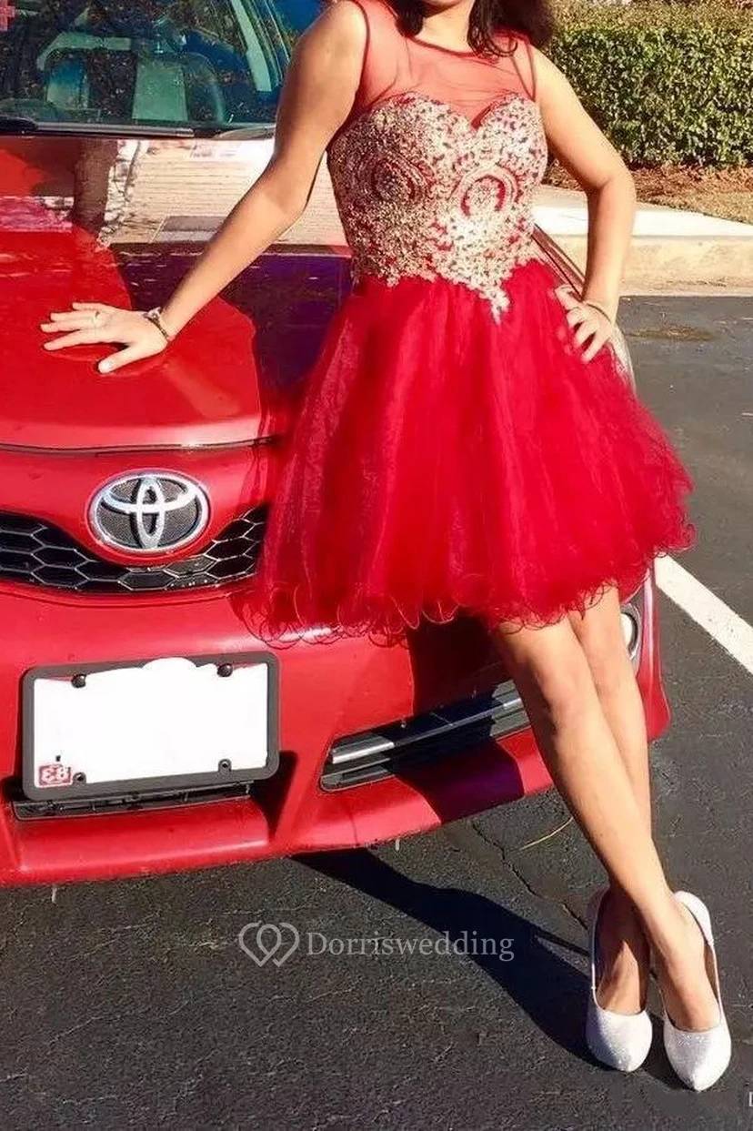 A-line Sleeveless Lace Tulle Bateau Zipper Low-V Back Short Mini Homecoming Dress