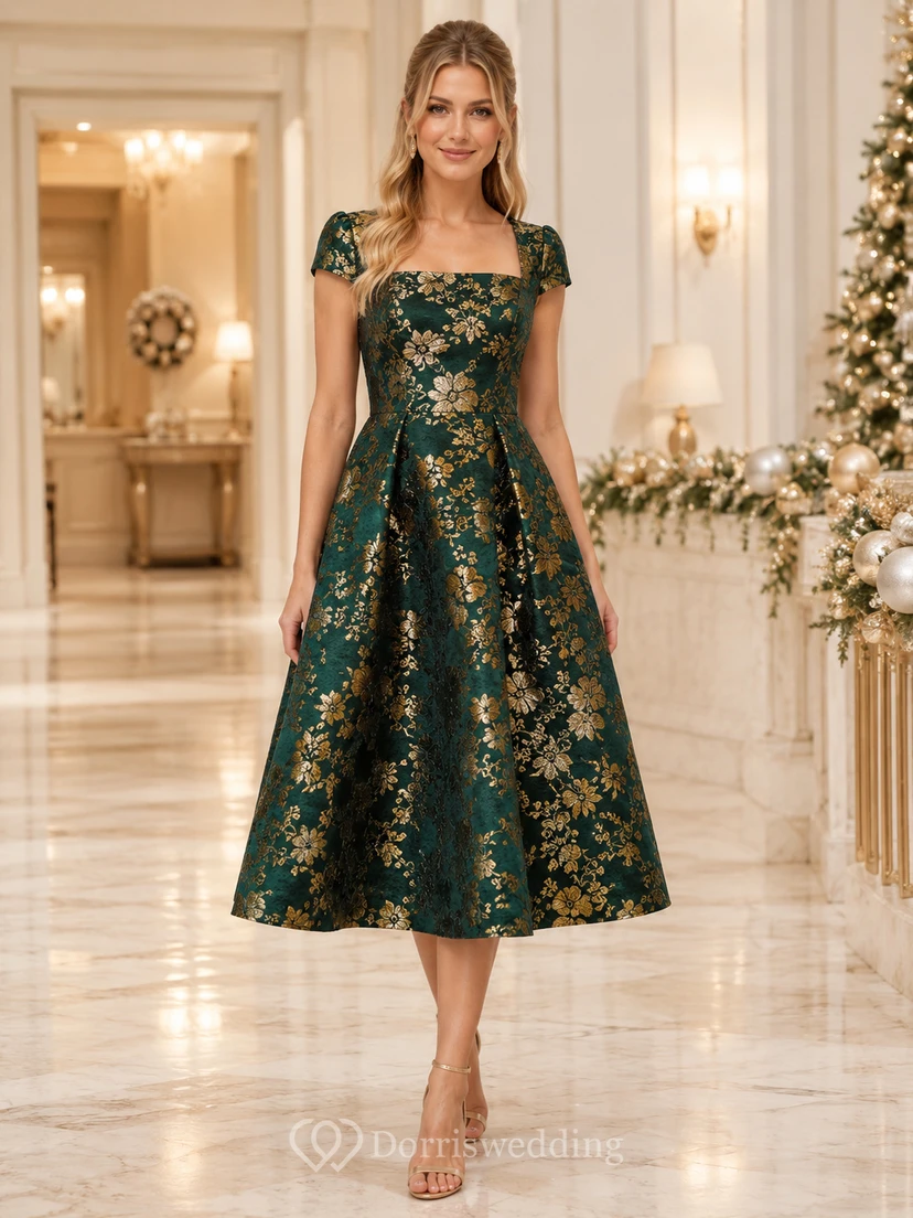 Dark Green Square Neck Gold Jacquard Cap Sleeve Tea Guest Dress