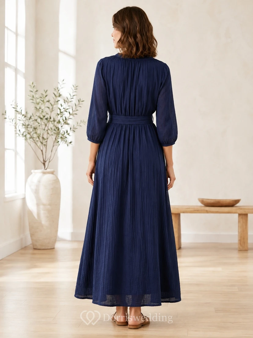 Ink Navy Cotton Gauze V-Neck Long-Sleeve A-Line Ankle-Length Dress view 2