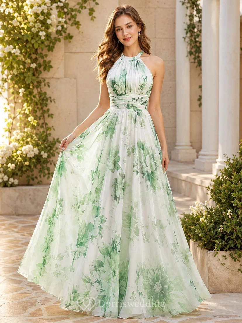Floral Mint Green Prom Chiffon V-Neck Sleeveless A-Line Dress