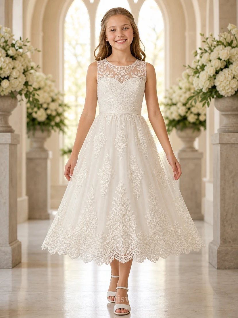 Vestido vintage de encaje festoneado, largo hasta la rodilla, corte en A, sin mangas, para dama de honor juvenil.