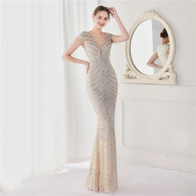 Paillettenbesetztes, handwerklich perfekt gefertigtes, perlenbesetztes Party-Abendkleid – sexy langes Kleid für die Braut view 3