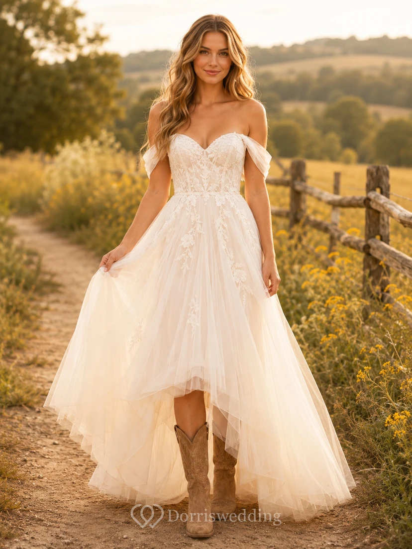 Robe de mariée de maternité à fines bretelles, corsage en dentelle, coupe trapèze, style champêtre, avec traîne