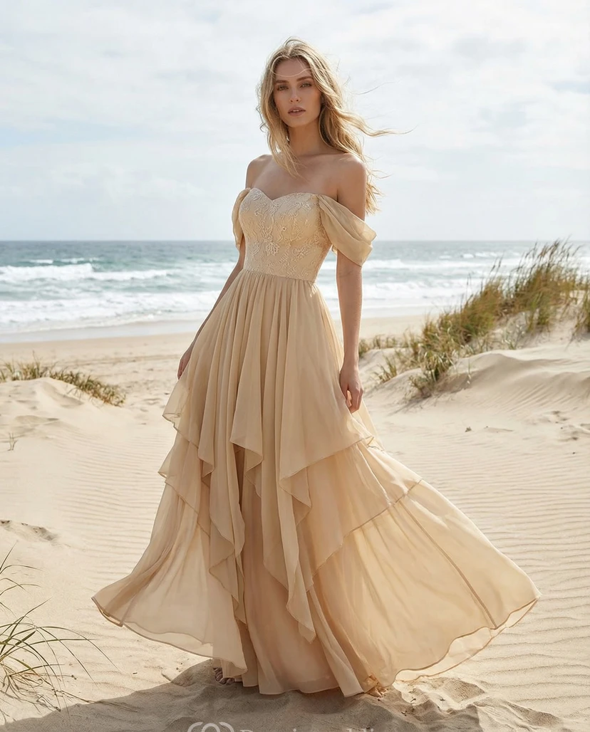 Sweetheart Off-Shoulder Chiffon Boho Gown