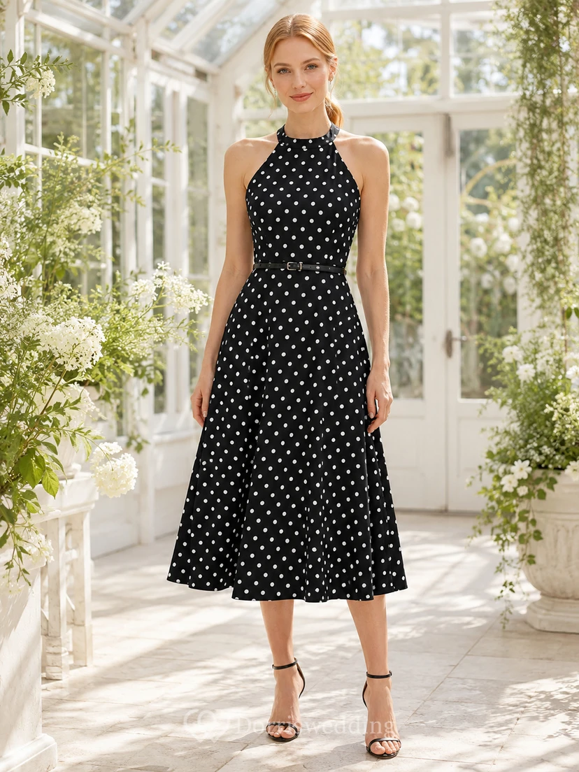 Black Polka Dot Halter Neck Garden Midi Dress