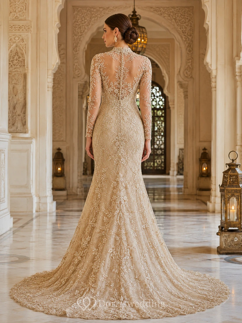Robe de mariée sirène en dentelle perlée dorée de luxe, col montant, manches longues et effet trompe-l'œil, traîne chapelle, col montant et manches longues. view 2