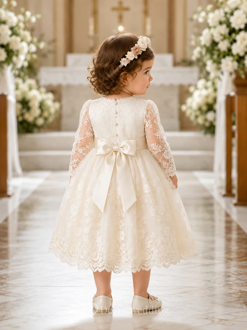 Modest Baby Baptism Christening Ceremony Dress A-Line Tea-Length Jewel Neck Long Sleeve Tulle Lace Floral Detail Bow Back Button Back view 2