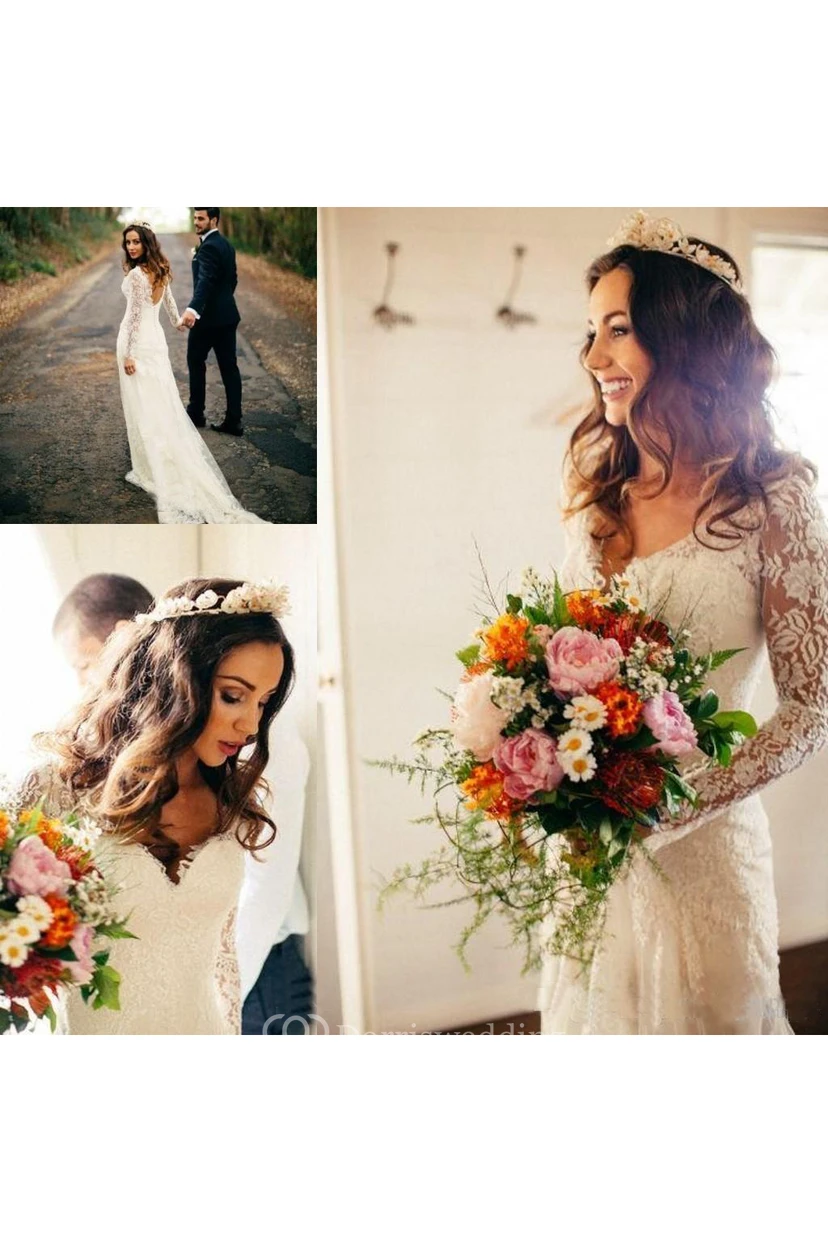 Romantisches Boho-Hochzeitskleid mit langen Ärmeln, sexy tiefem V-Ausschnitt, rückenfreiem Spitzenbesatz und Spitze view 7