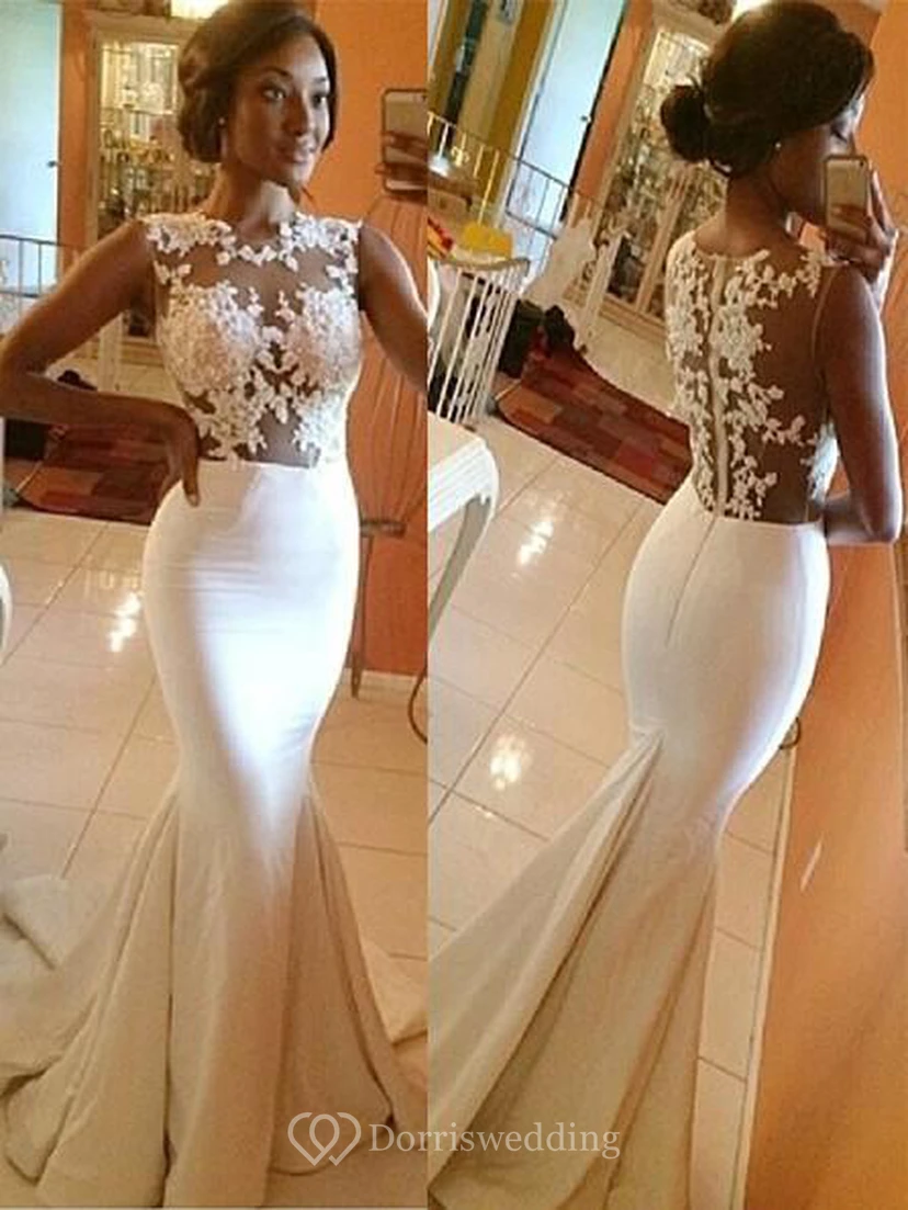 Vestido de novia elegante sin mangas con cuello alto, apliques de satén y cola larga, estilo sirena.