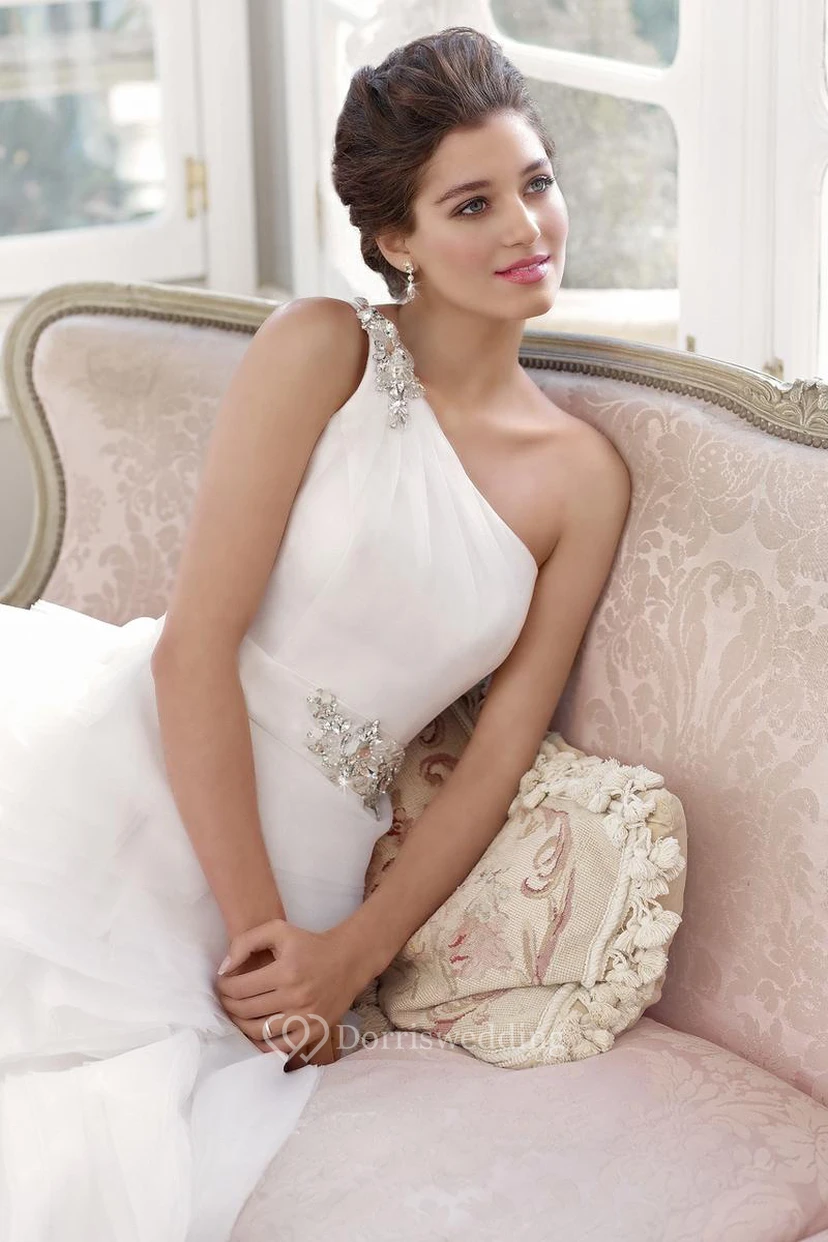 Maxi One-Shoulder Jeweled Organza Wedding Dress With Chapel Train And Corset Back view 3