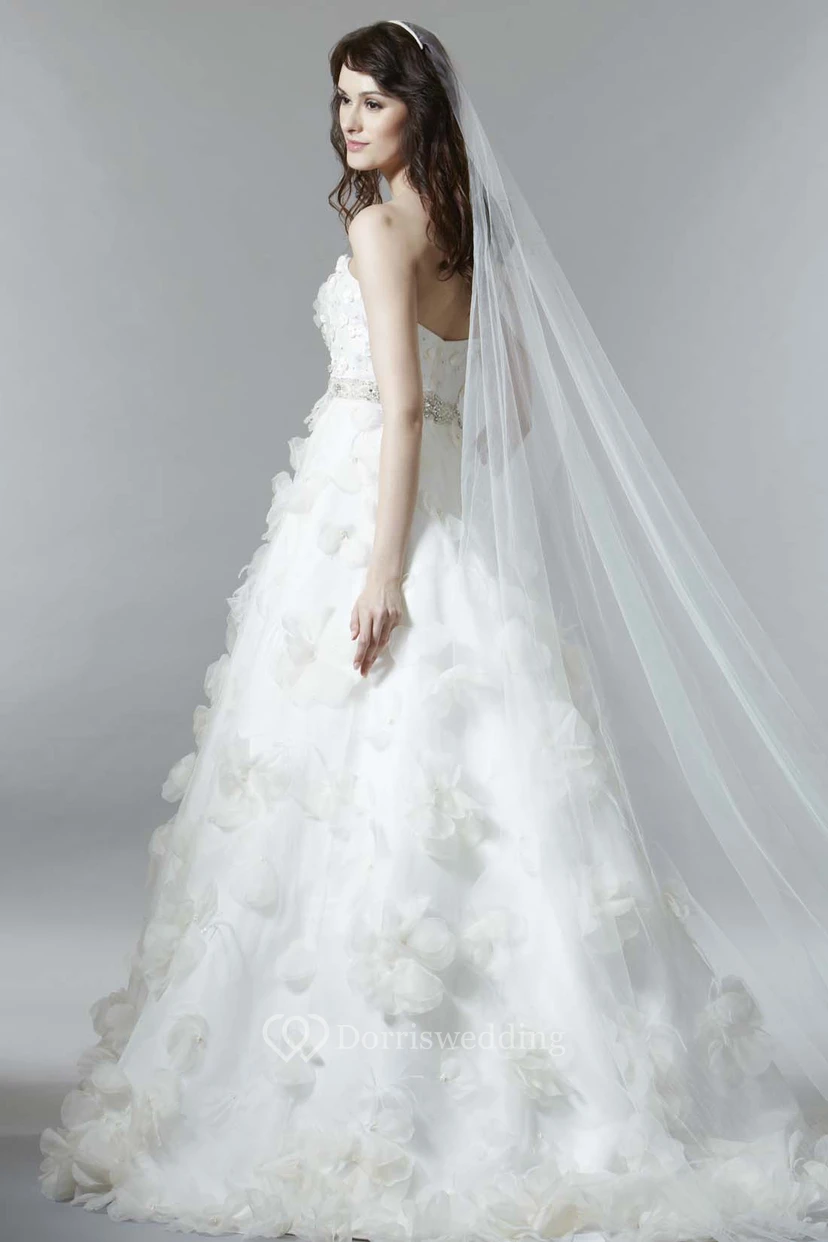 A-Line Sleeveless Floral Long Strapless Satin Wedding Dress With Low-V Back And Waist Jewellery view 2