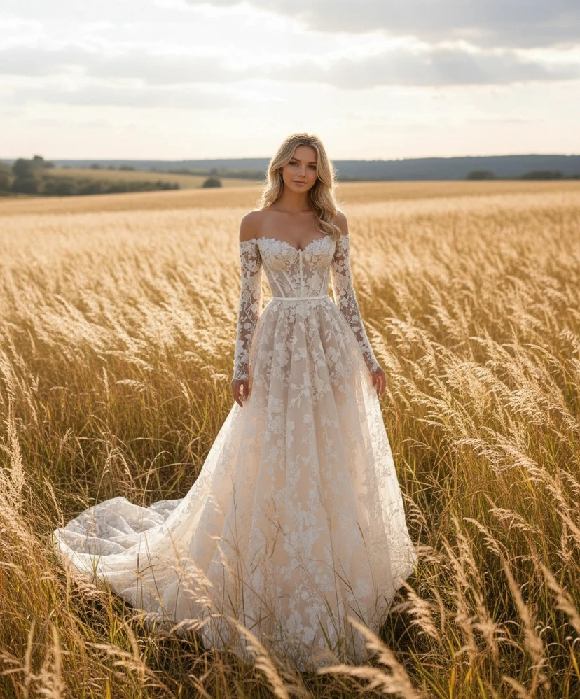 Vestido de novia romántico de corte A con encaje floral y hombros descubiertos, con corpiño tipo corsé.