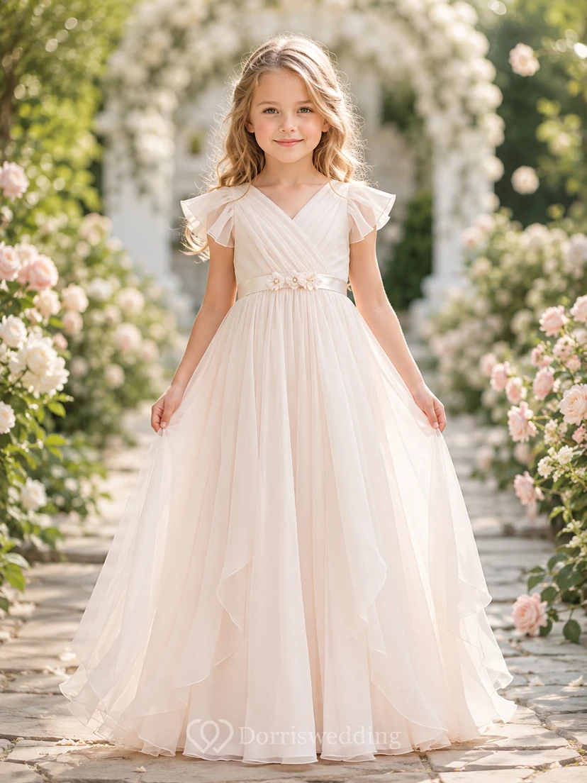 Blumenmädchenkleid Champagnerfarbenes Ballkleid aus Spitze und Tüll mit Rundhalsausschnitt, bodenlang