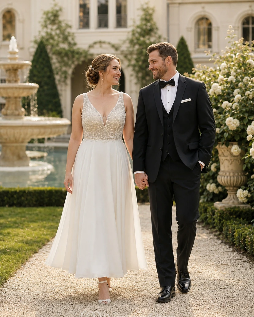 Robe de mariée mi-longue à corsage perlé, col en V, en mousseline, coupe trapèze, idéale pour la plage view 8