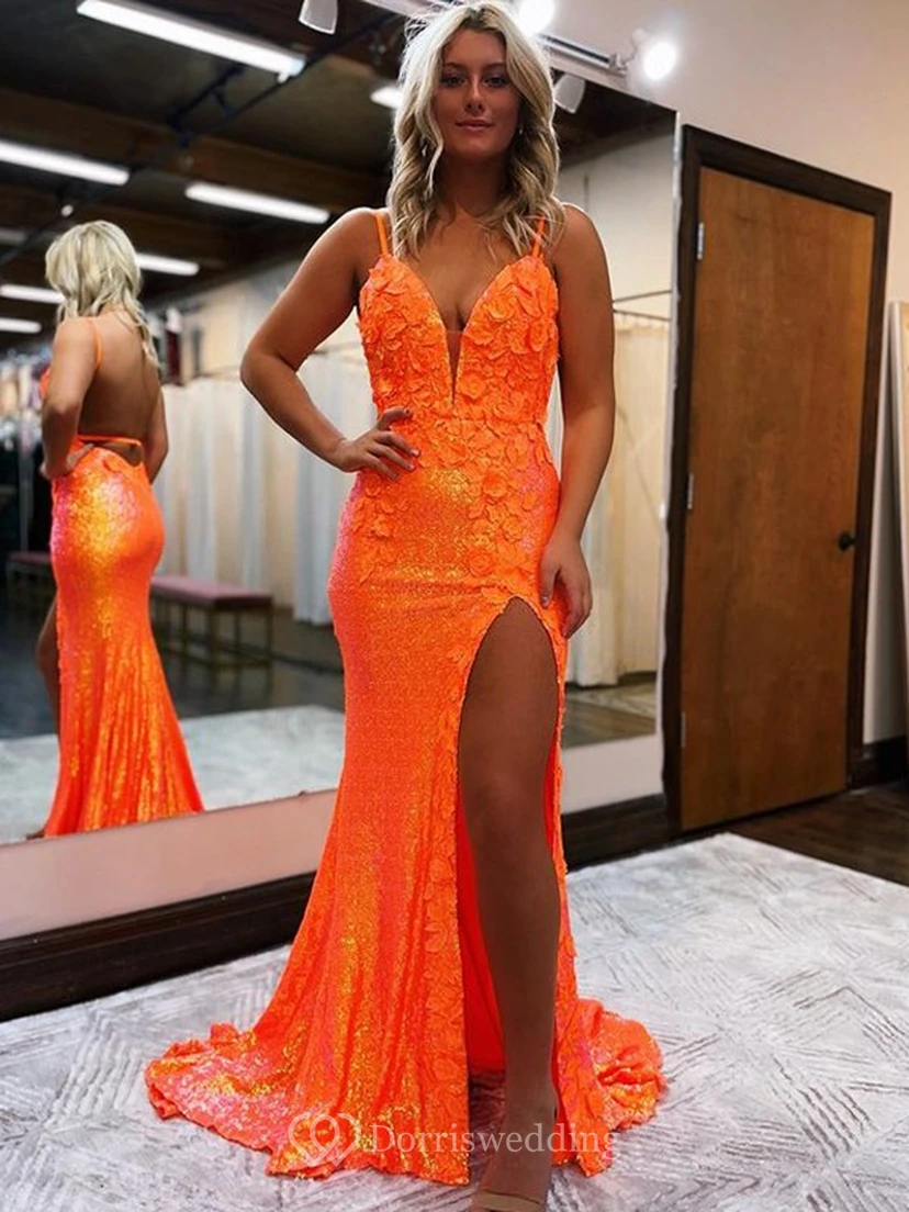 Lace Spaghetti Front Split Backless Applique Prom Dress