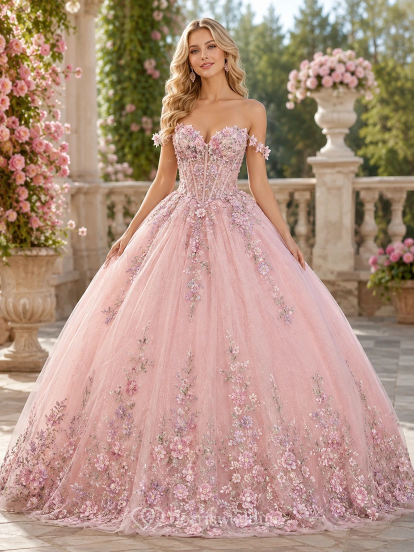 Vestido de fiesta formal de princesa para quinceañera, de lujo, color rosa, con hombros descubiertos, bordado floral y malla, estilo princesa.