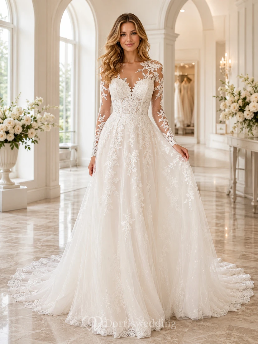 Robe de mariée raffinée en dentelle et tulle, décolleté en V profond, manches longues transparentes, coupe trapèze, traîne chapelle, applications florales et dos illusion