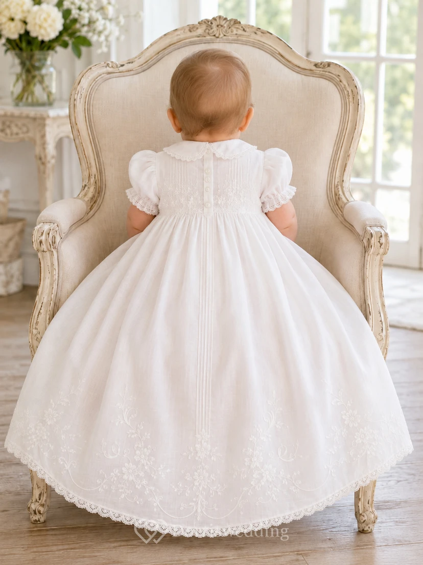 Vintage Baptism Dress A-Line Cotton Lace Scoop Neck Tea-Length Smocked Bodice view 2