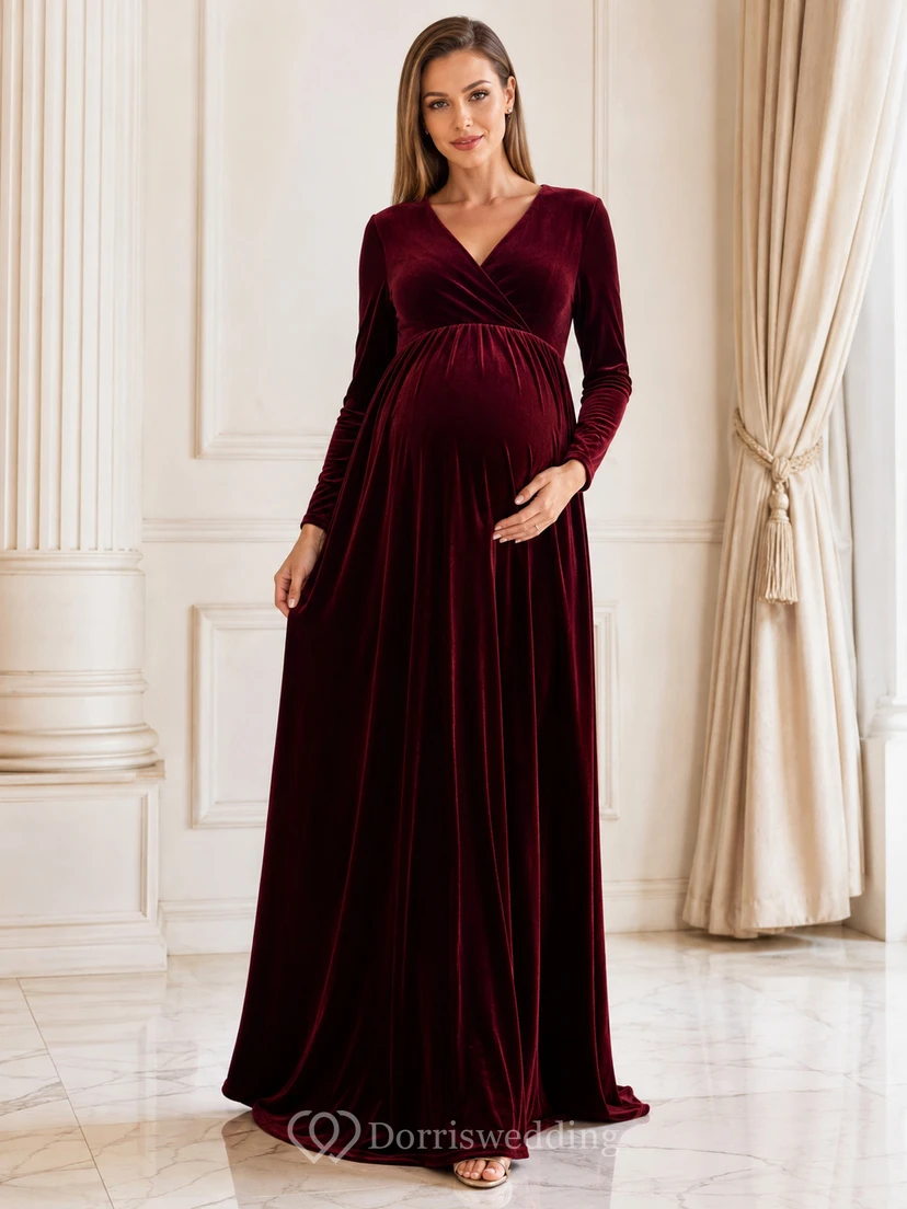 Robe de cérémonie élégante de maternité bordeaux en velours, col en V, manches longues, coupe empire et trapèze