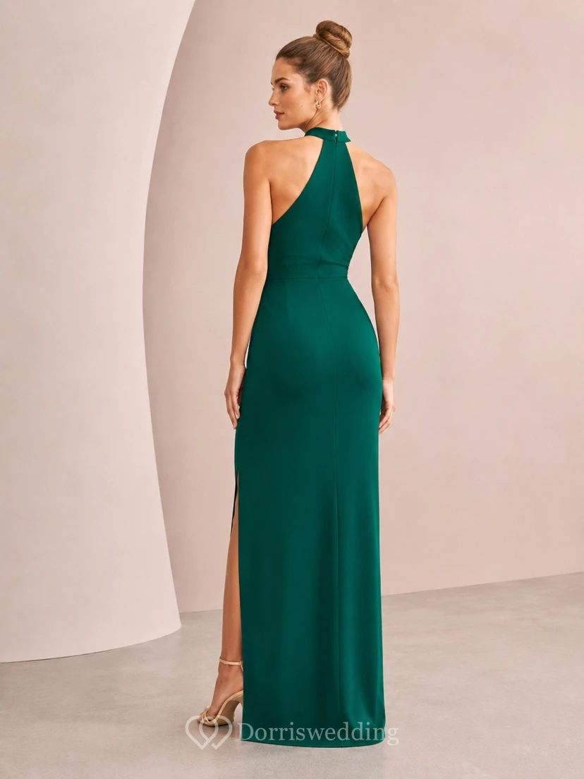 Emerald Green Satin High Neck Ruched Sheath Slit Formal Dress view 2