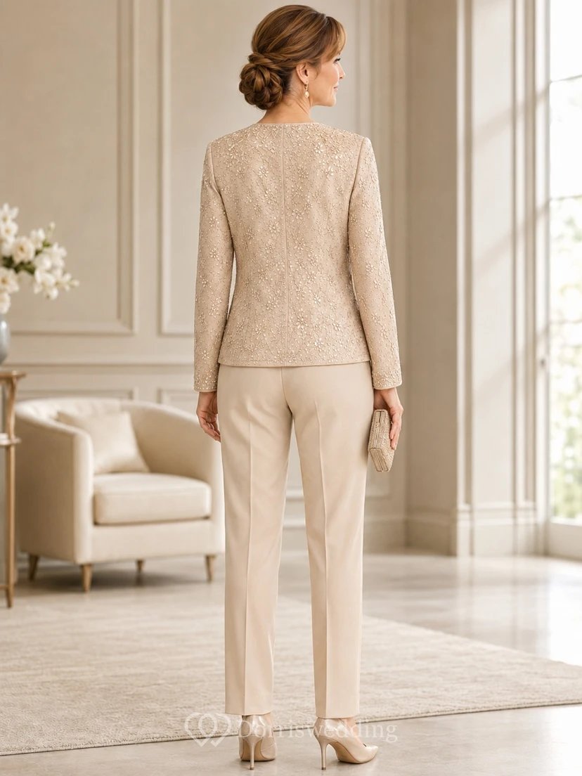 Petite Champagne Jewel Neck Long Sleeve Lace Jumpsuit Formal Mother Pantsuit view 2