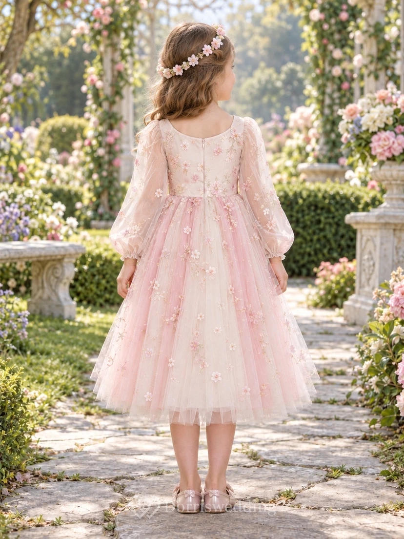 Märchenhaftes, langärmeliges, rosafarbenes Blumenkleid mit Rundhalsausschnitt aus Tüll für Blumenmädchen view 2