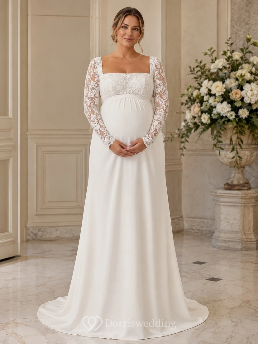 Modest Square Neck Long Sleeve Floor-length Lace Empire Maternity Bridal Dress
