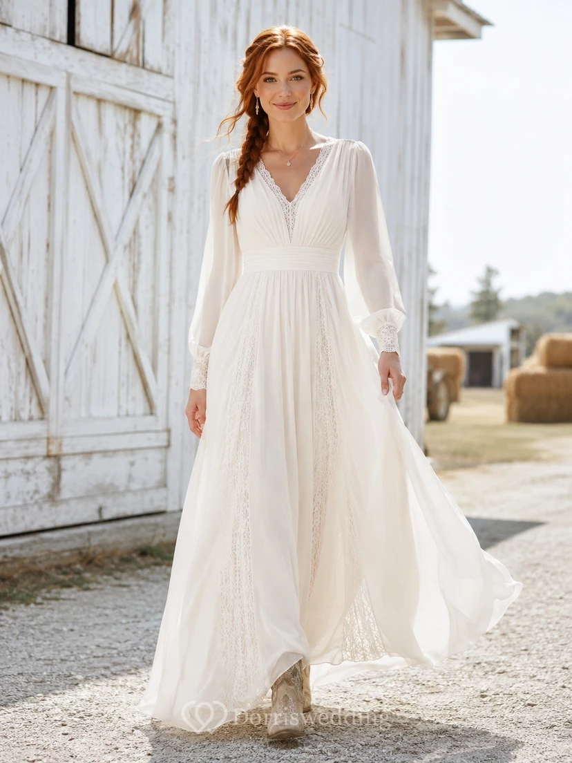 Western Boho Long Sleeve V-Neck Chiffon Empire A-Line Elopement Wedding Dress