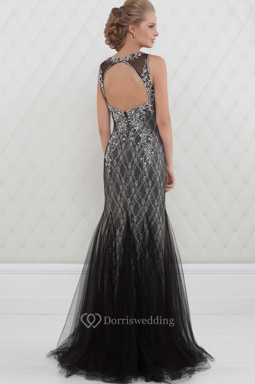 Trumpet Beaded Floor-Length Sleeveless Bateau-Neck Tulle Prom Dress With Lace view 2
