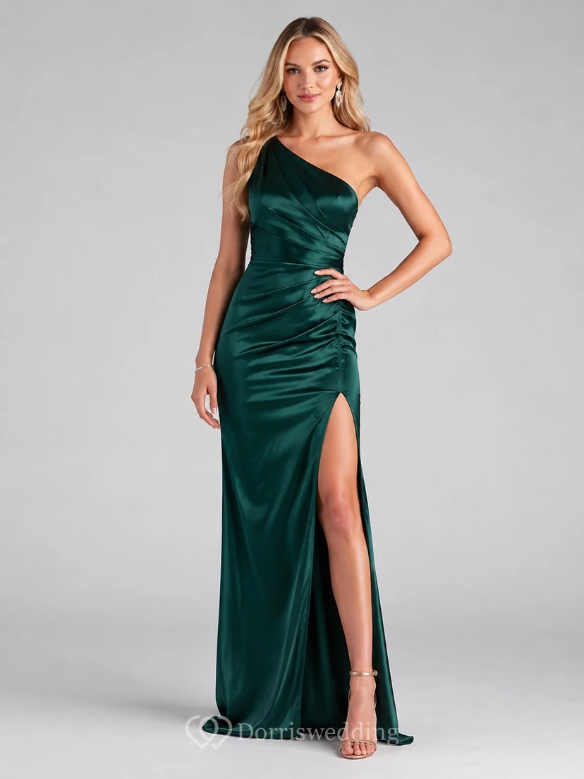 Dark Green One-Shoulder Crossback Slit Formal Prom Dress