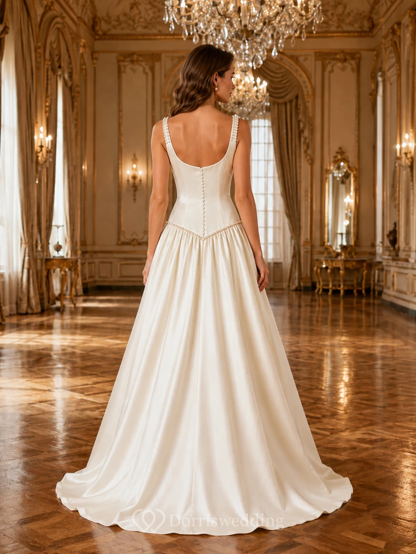 Robe de mariée vintage de bal à taille basse et corsage en satin view 2