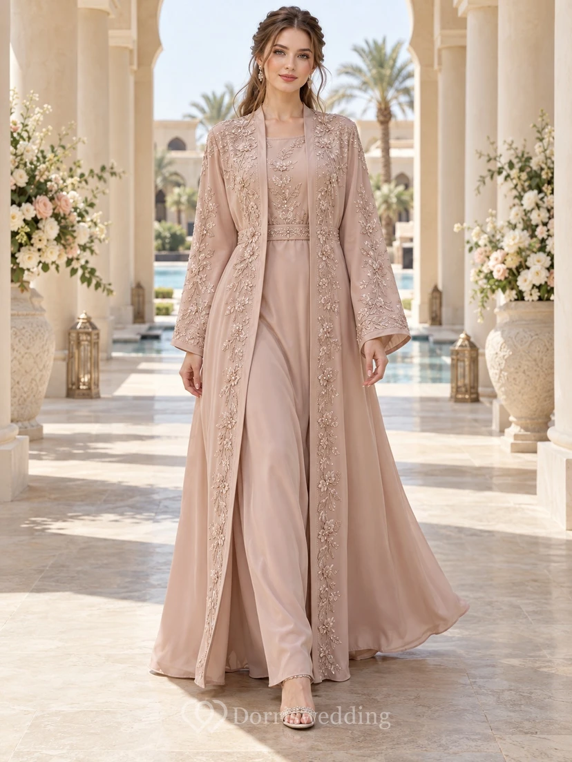 Modest Long Sleeve Blush Floral Embroidered Abaya Wedding Dress