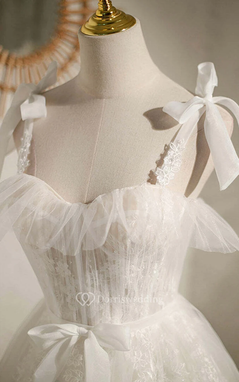 Tulle Adorable A-line Short Illusion Lace Wedding Dress with Bows view 4