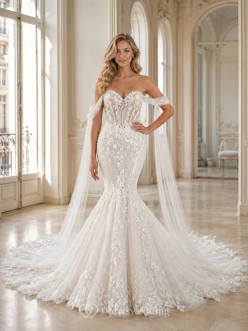 Robe de mariée sirène en dentelle ajustée, décolleté cœur, manches cape, traîne chapelle, style jardin