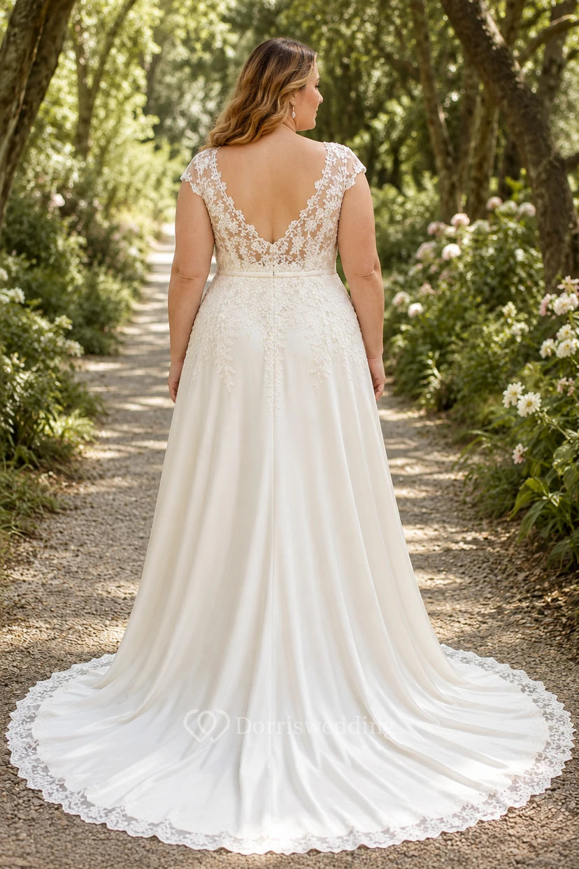 Vestido de novia de talla grande color marfil con escote en V, corpiño de encaje y falda de gasa. view 2